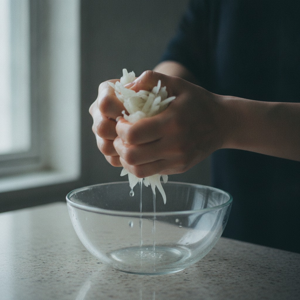 塩もみした玉ねぎの水気を絞る様子