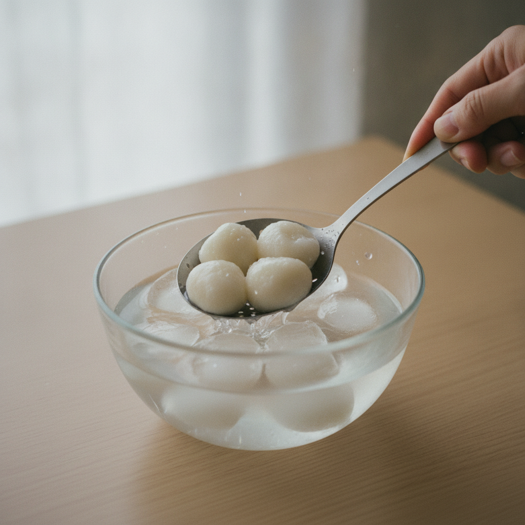 ゆで上がった白玉団子を氷水にとって冷やす様子