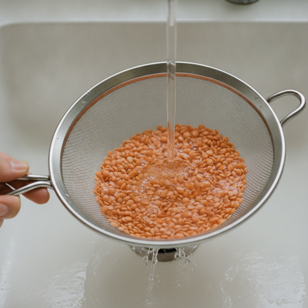 ざるでレンズ豆を洗う様子
