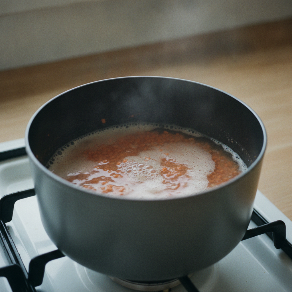鍋でレンズ豆を下ゆでする様子