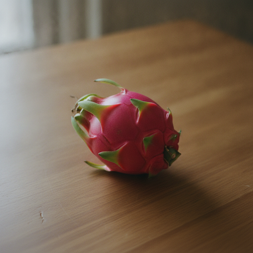 木のテーブルに置かれたドラゴンフルーツ