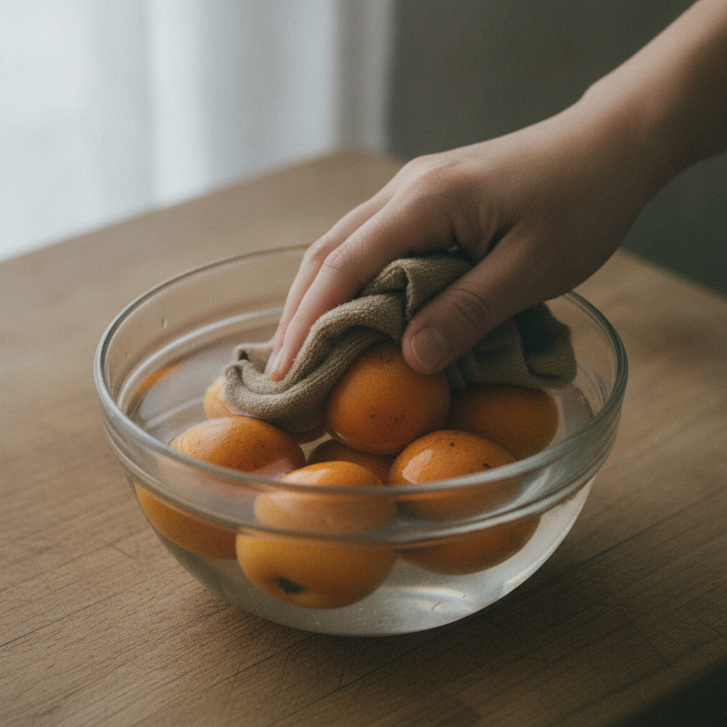布巾でびわの産毛をこすり落とす様子