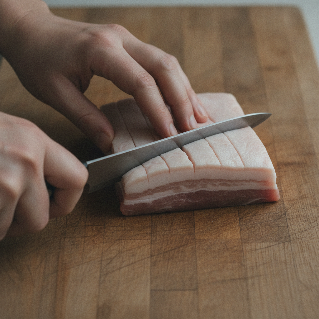 豚バラ肉の筋に切り込みを入れる様子