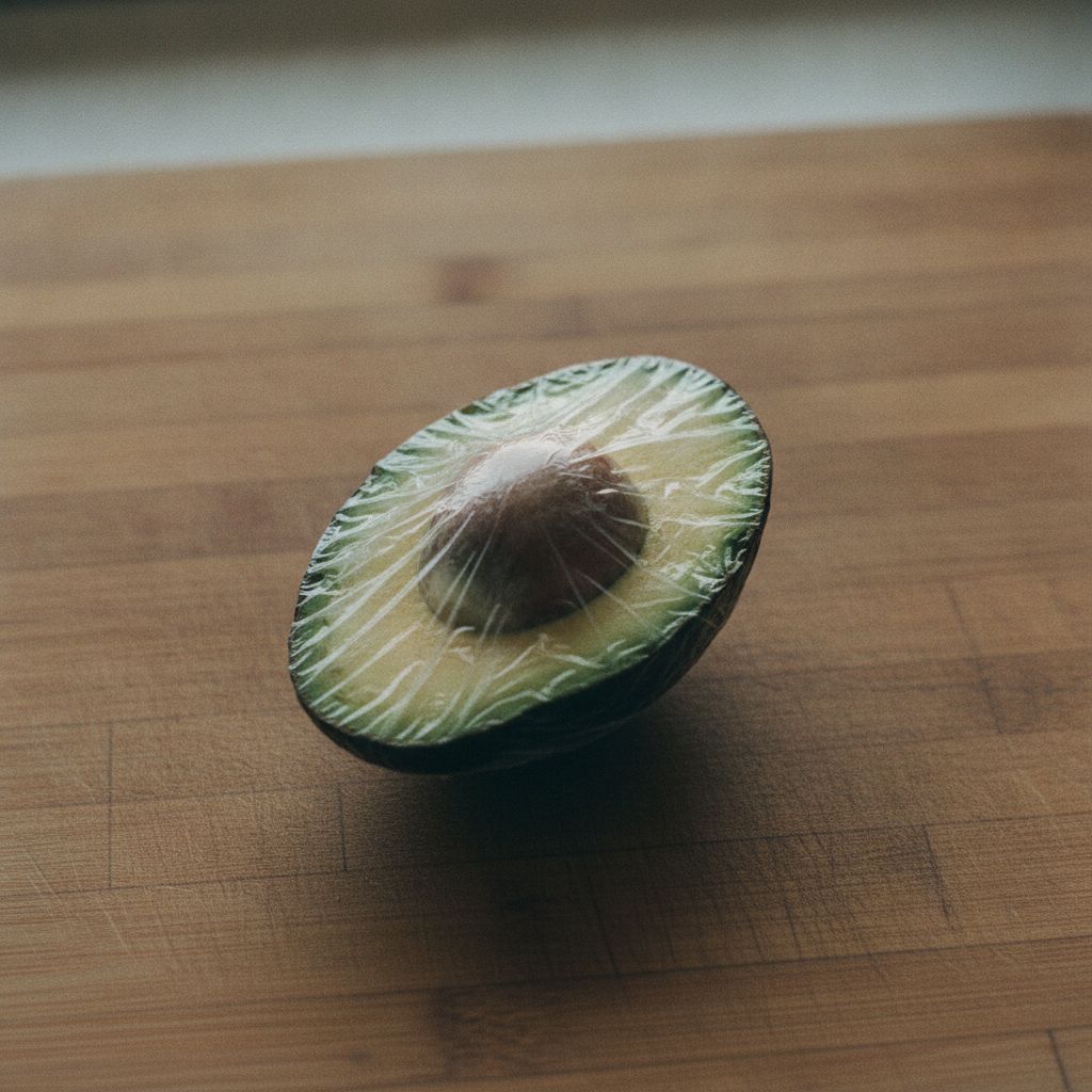 切り口にラップを密着させて保存するアボカド
