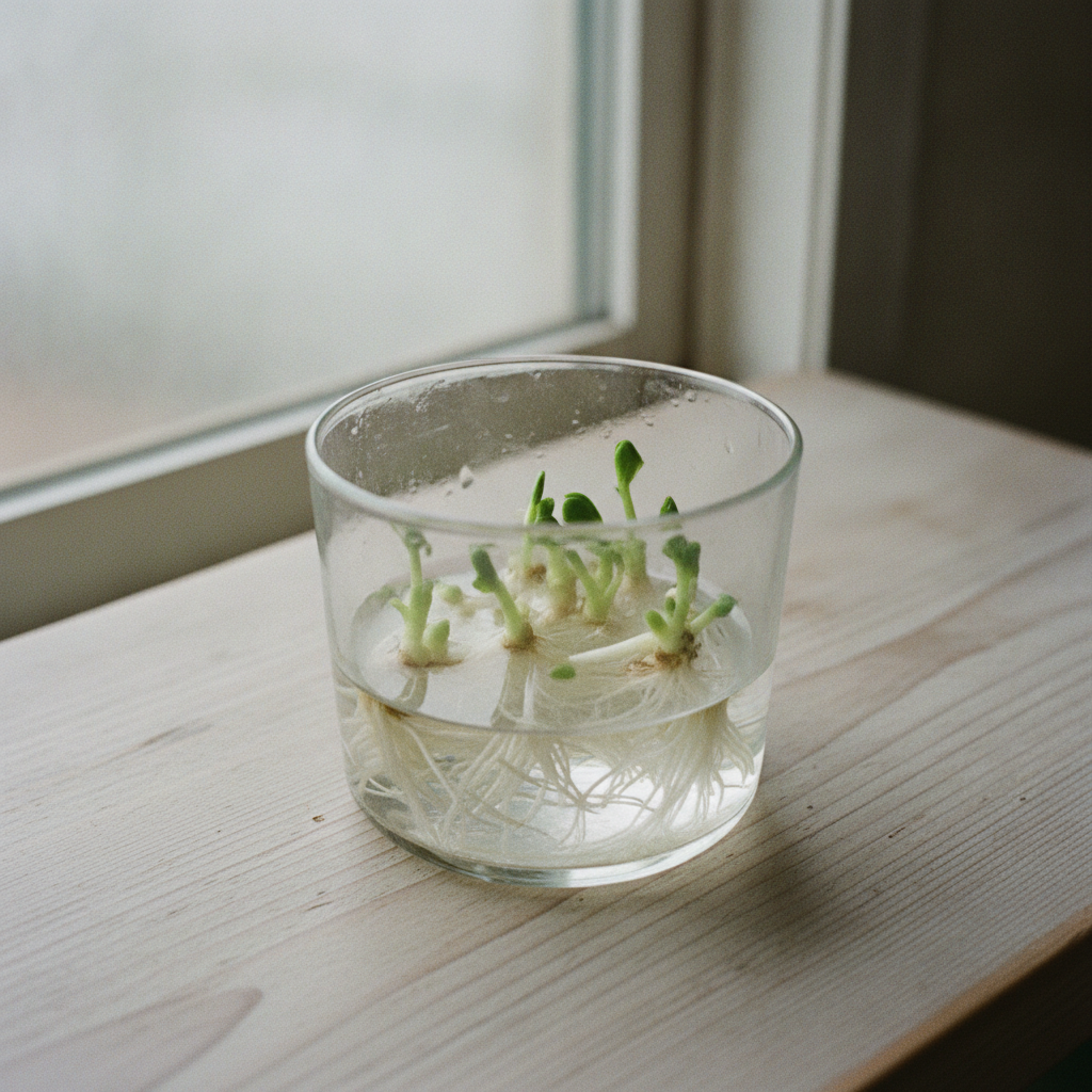 水を張った容器に立てた豆苗の根