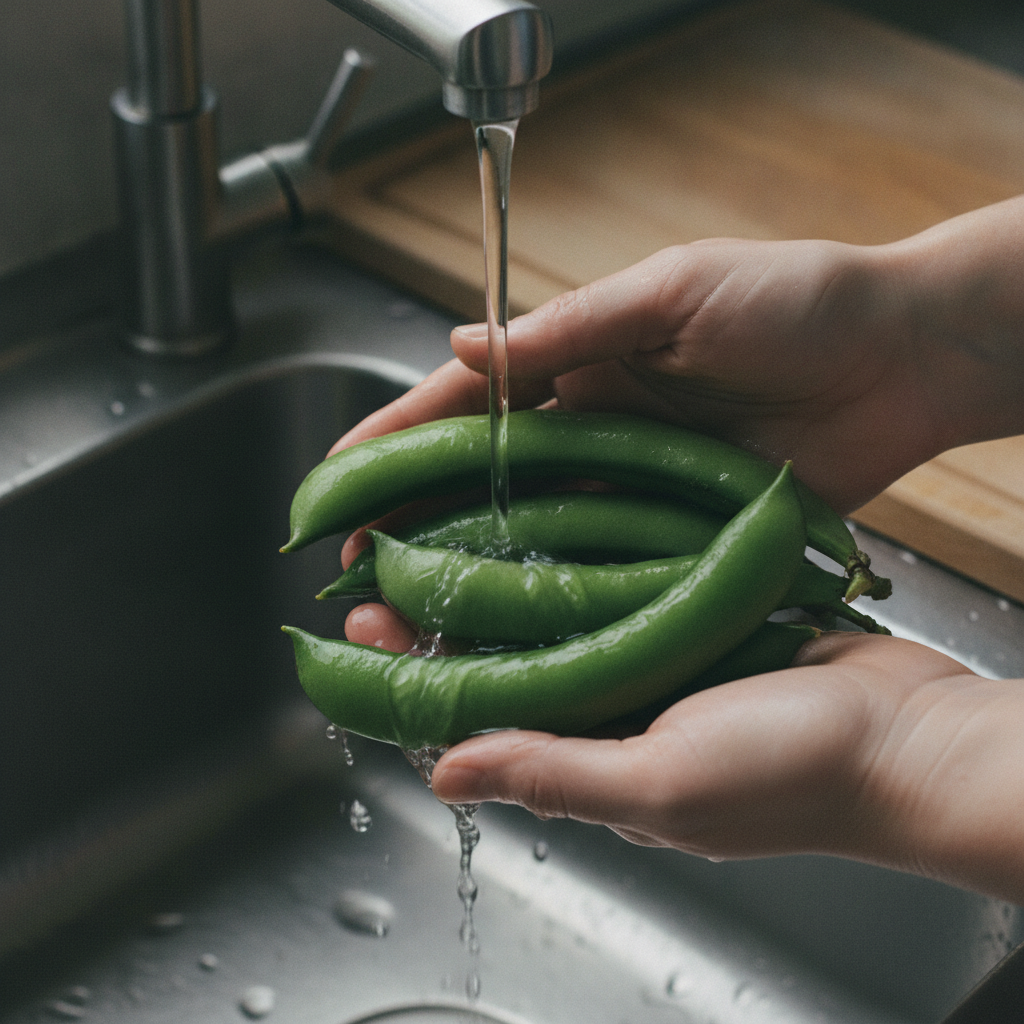 さやつきのそら豆を水で洗う様子