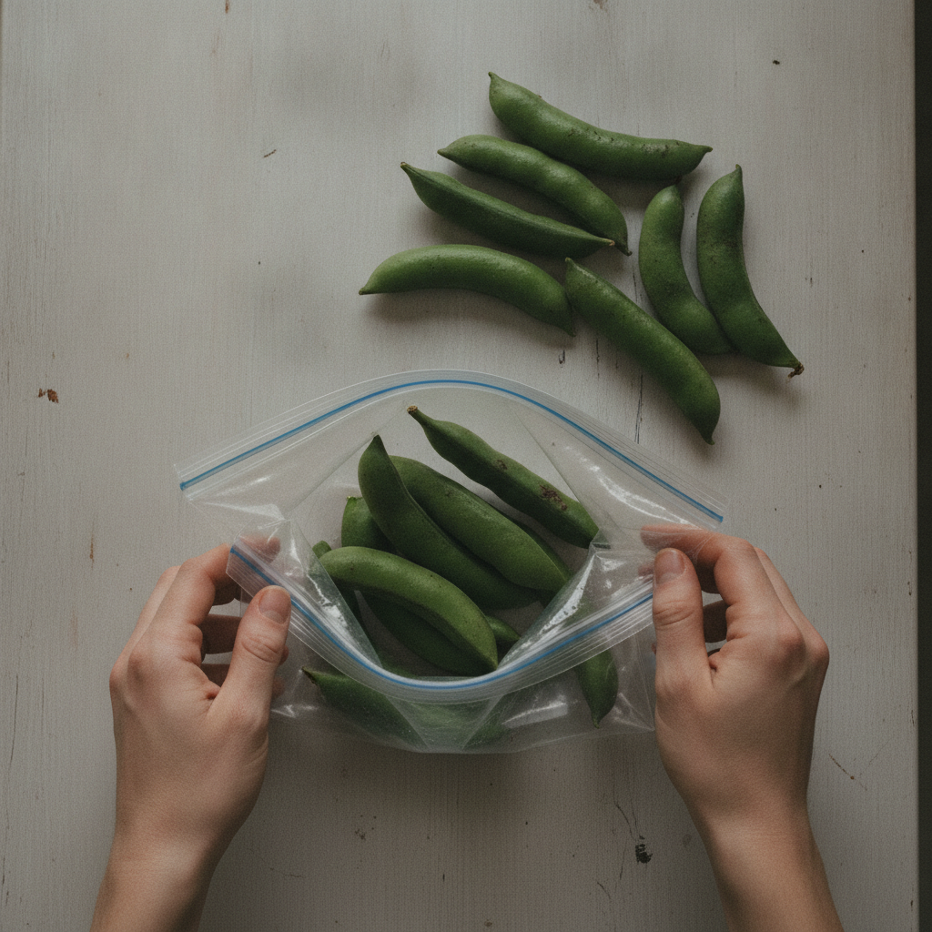 さやつきのそら豆を保存袋に入れる様子
