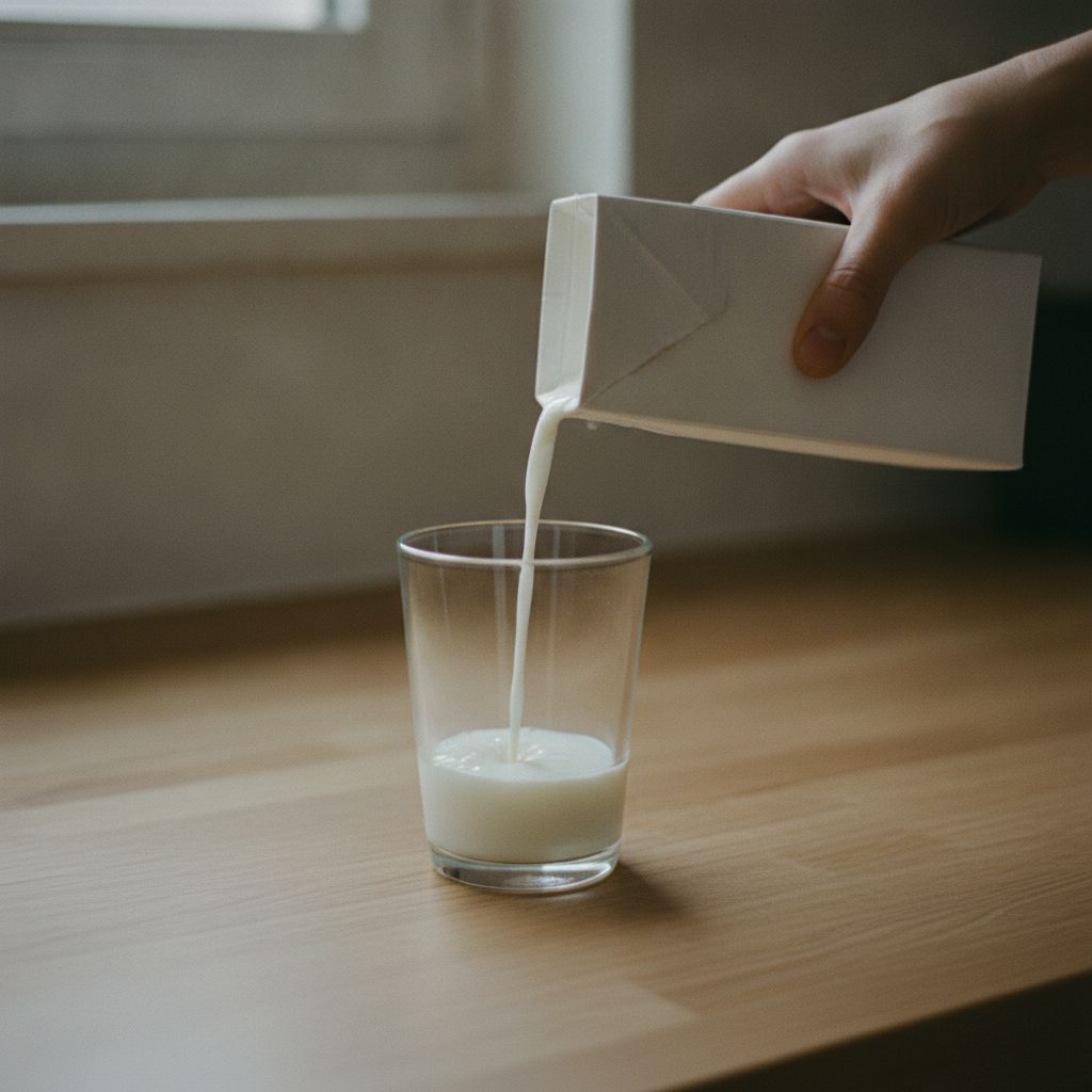 紙パックの牛乳をコップに注ぐ様子