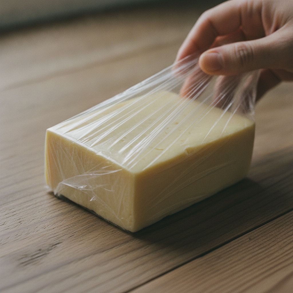 チーズの塊をラップでぴったり包む様子