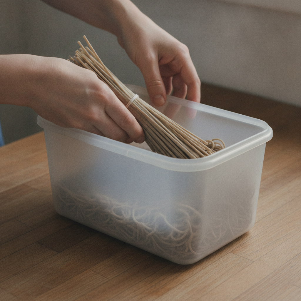 そばの乾麺を密閉容器に移し替える様子