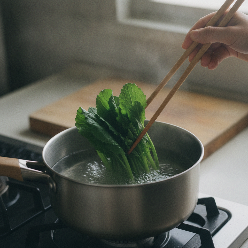 からし菜を熱湯にさっとくぐらせる様子