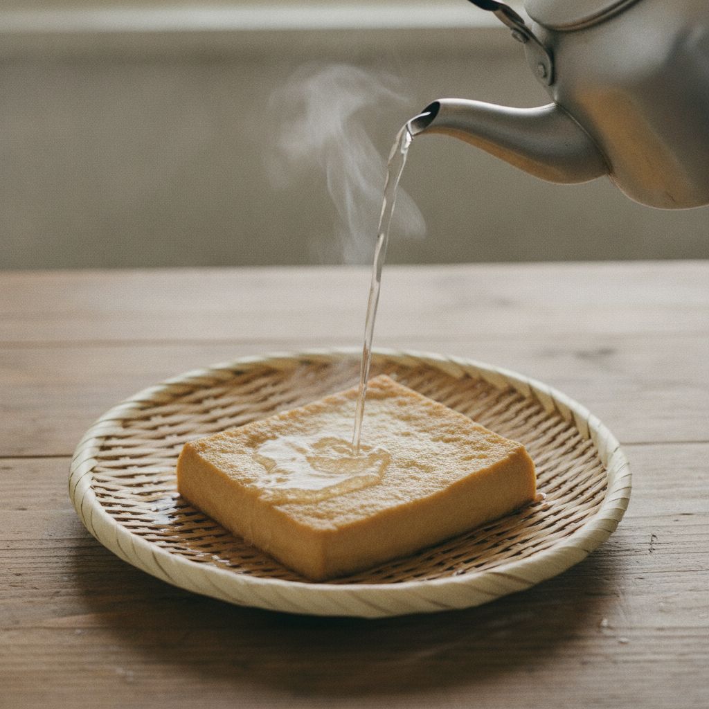 厚揚げに熱湯を回しかける様子