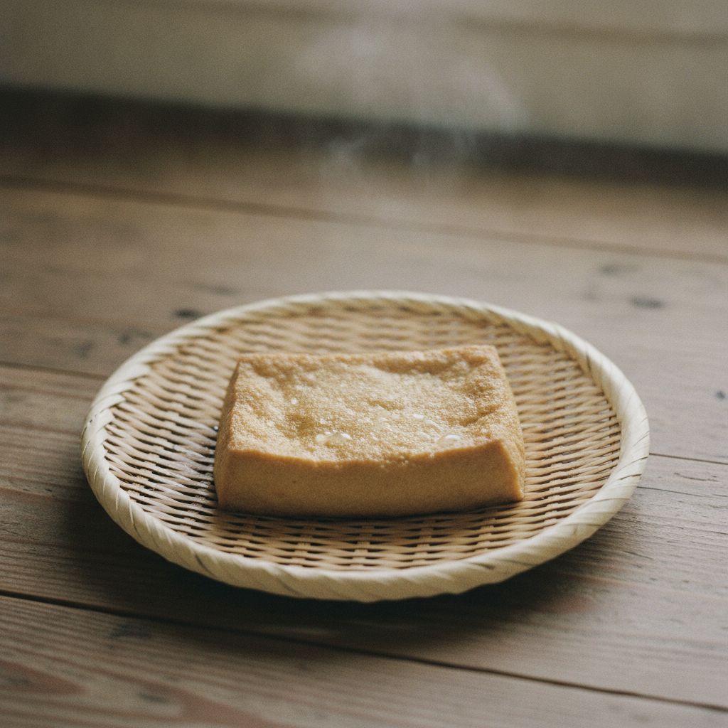 湯を通してざるにあげた厚揚げ
