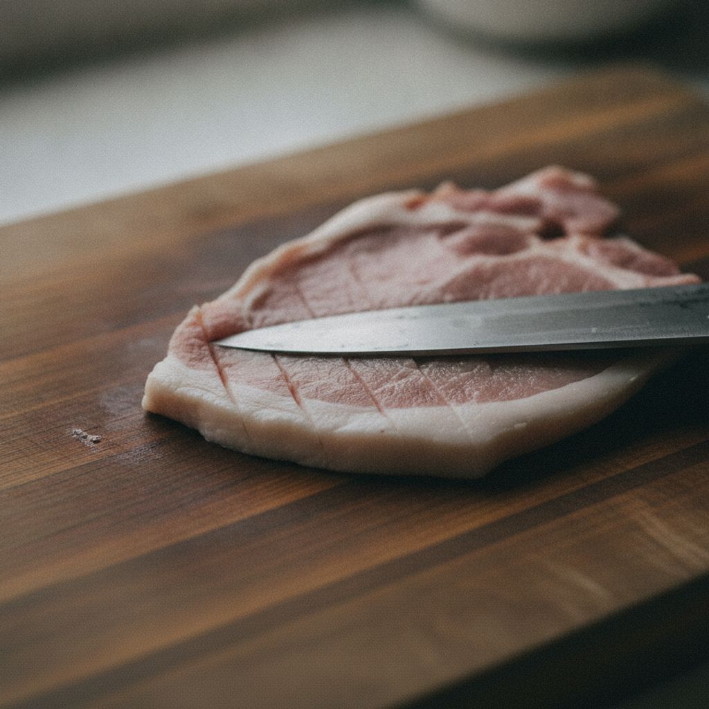 筋に切り込みを入れる豚肩ロース肉
