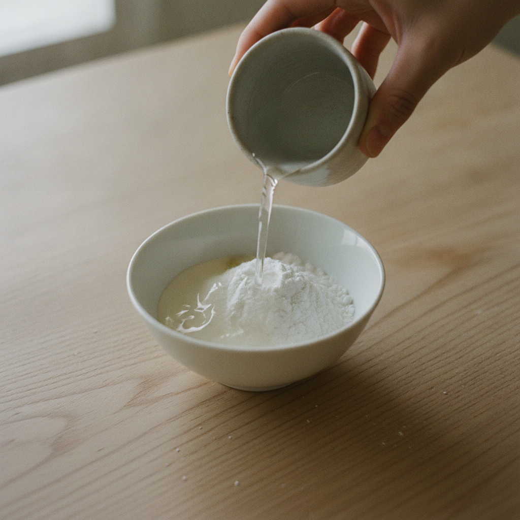片栗粉に水を加えて溶く様子