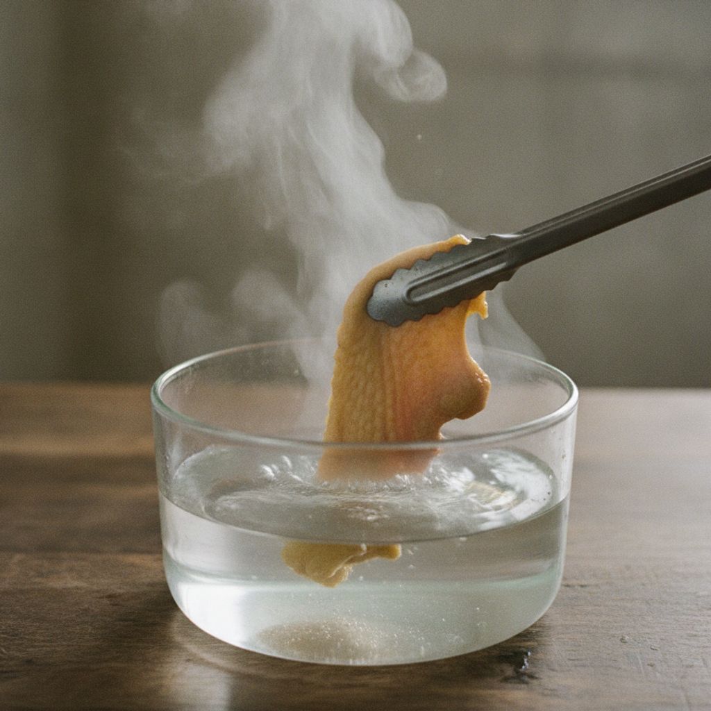 熱湯にくぐらせる鶏皮