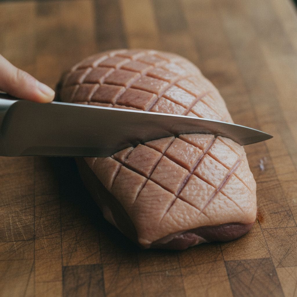 格子状に切り込みを入れる鴨肉の皮