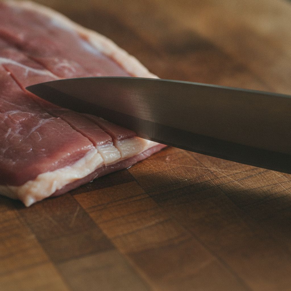 筋に切り込みを入れる鴨肉
