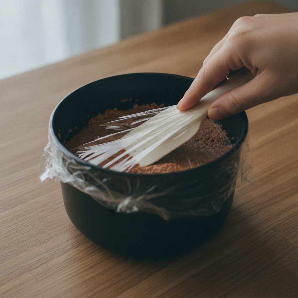 味噌の表面にラップを密着させる様子