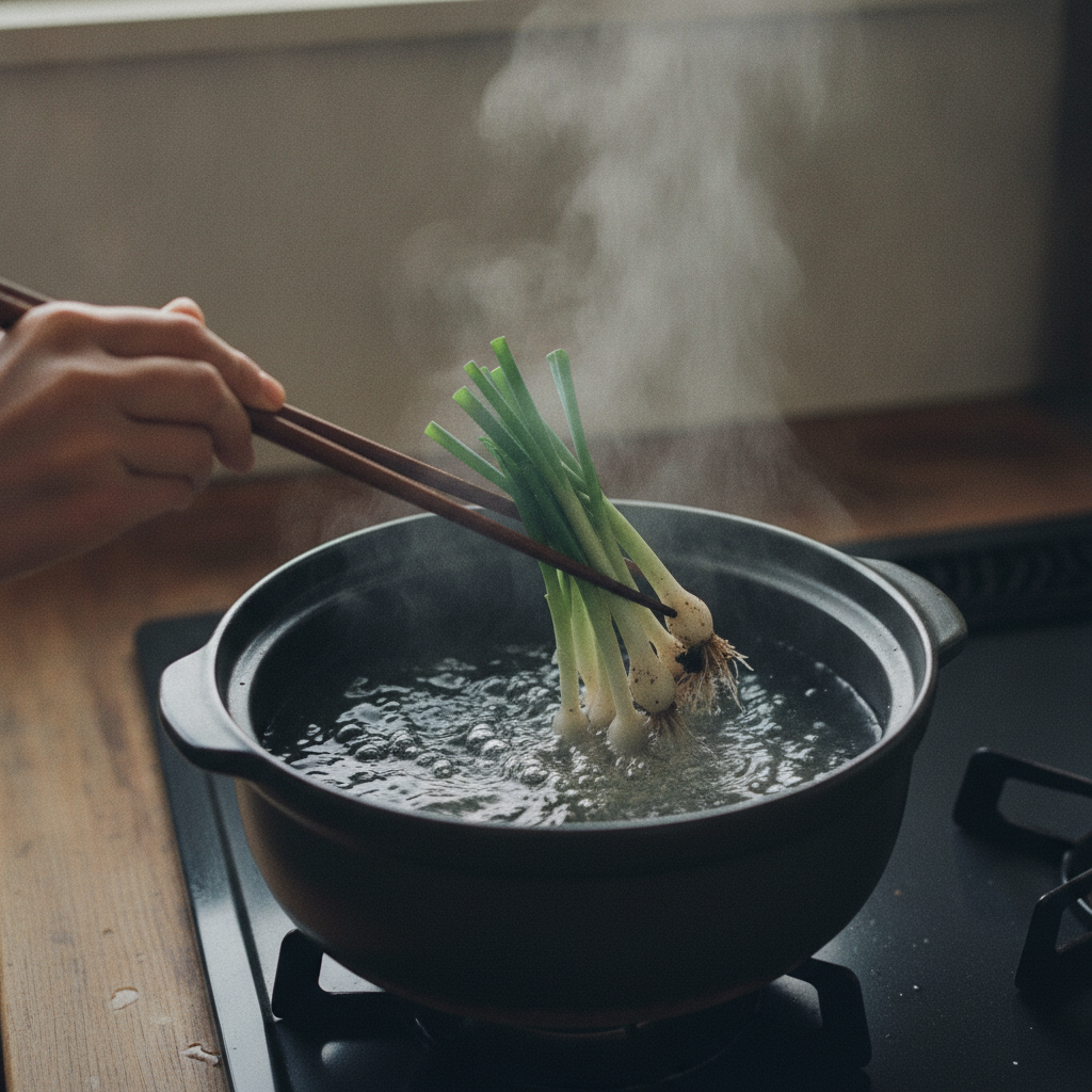分葱を熱湯で茹でる様子