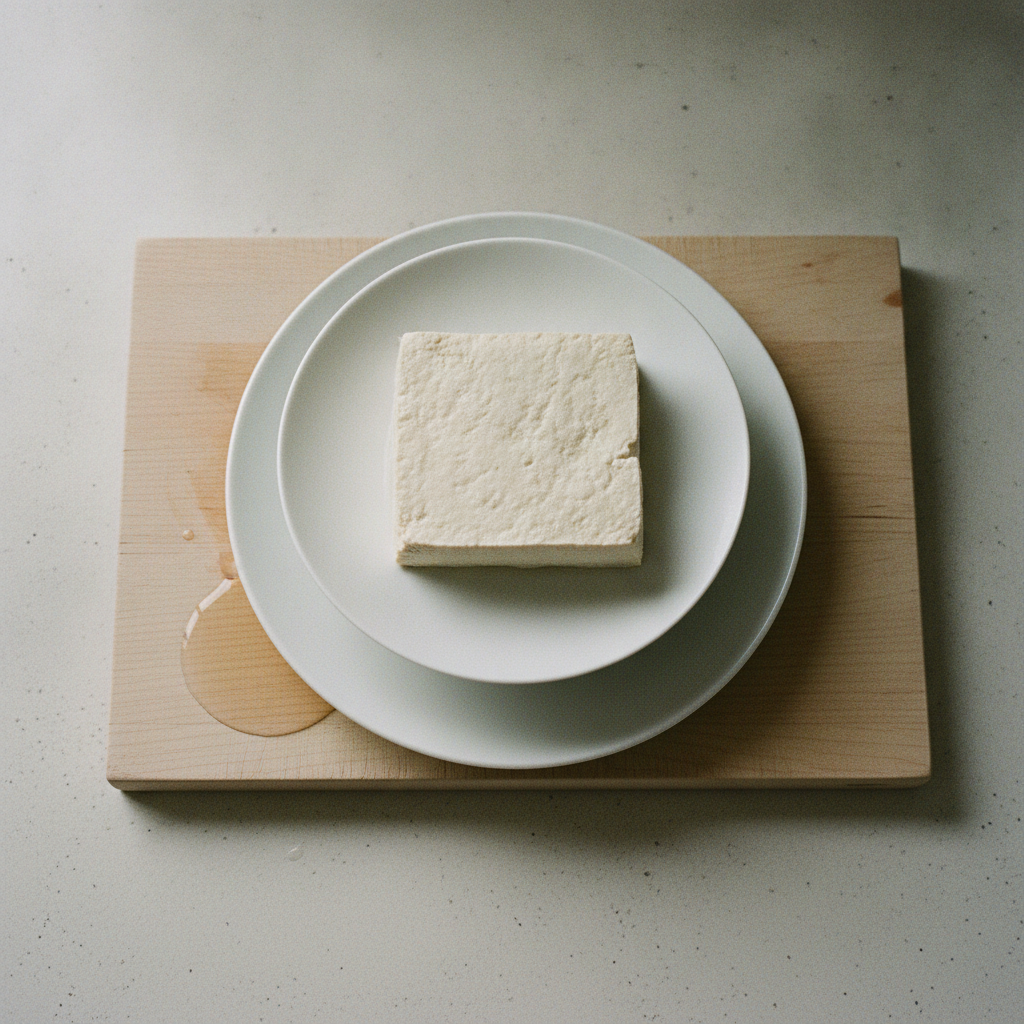 豆腐を重しをのせて水切りする様子