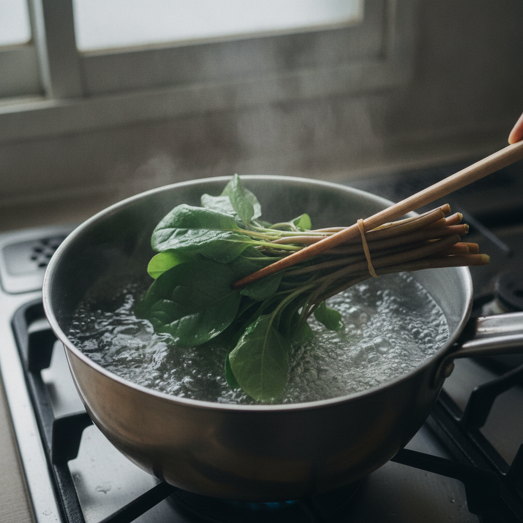 つるむらさきを熱湯でさっと茹でる様子
