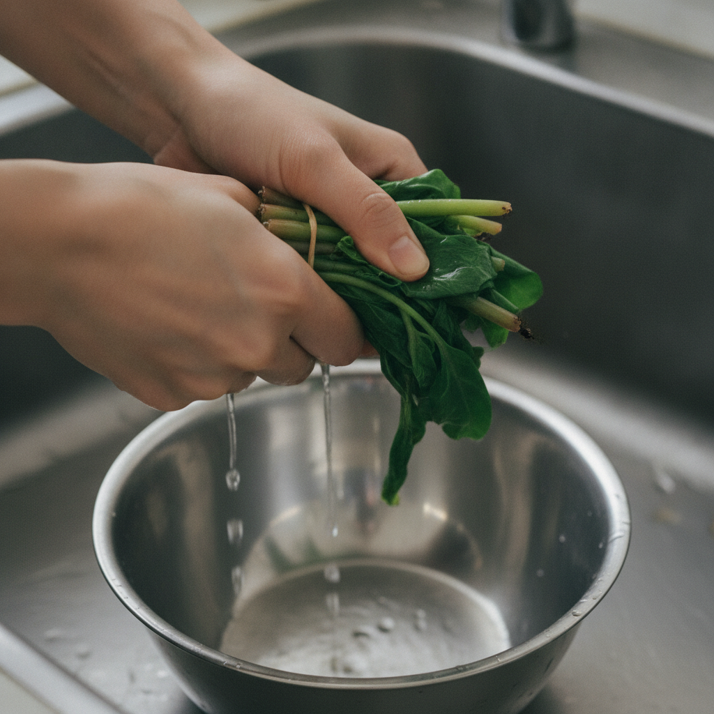 つるむらさきの水気を絞る様子