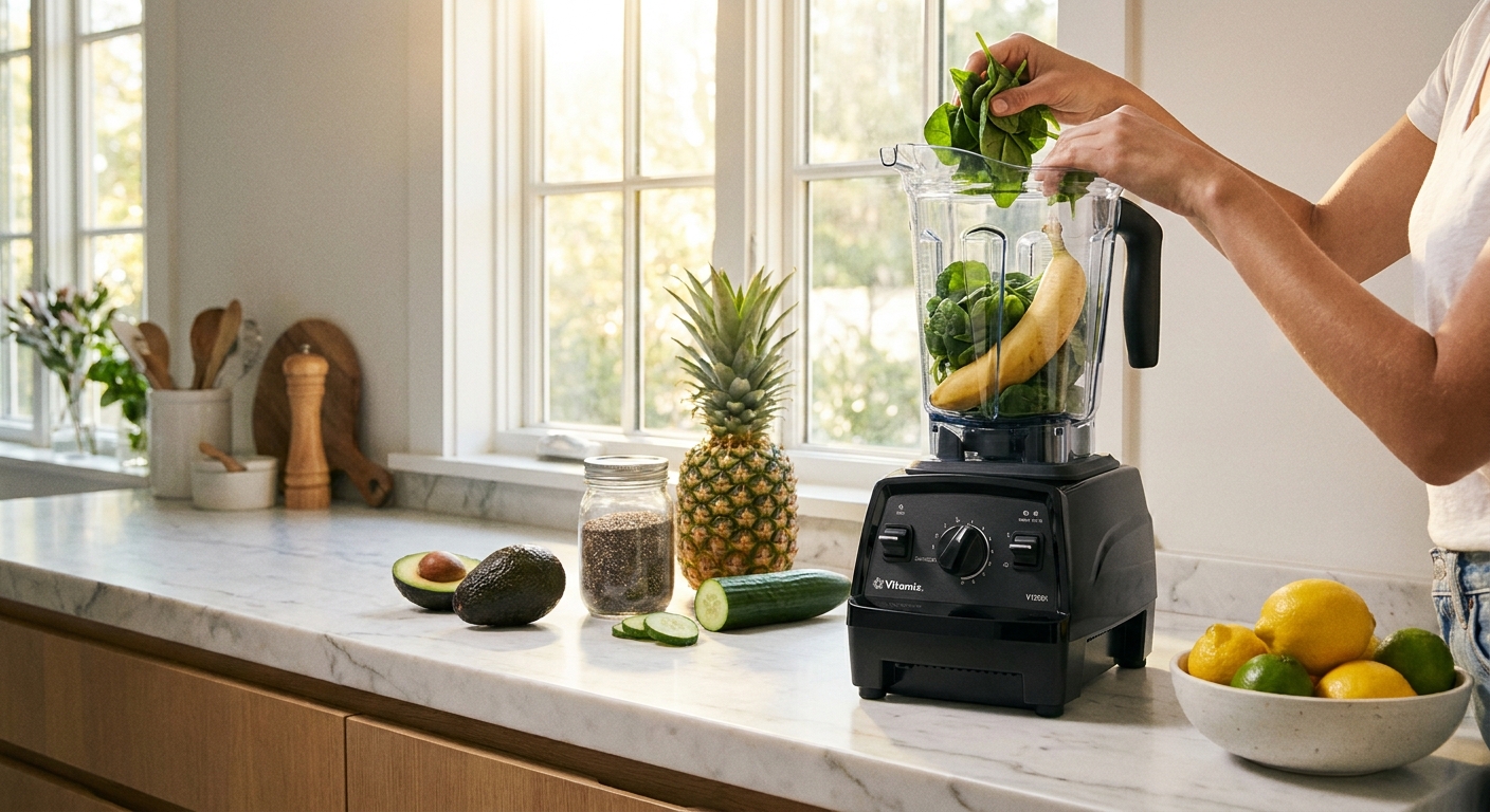Vitamix V1200iで新鮮な野菜や果物をブレンドする様子