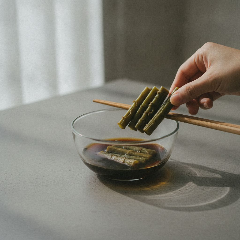 醤油ベースの漬け汁にわらびを漬け込む様子