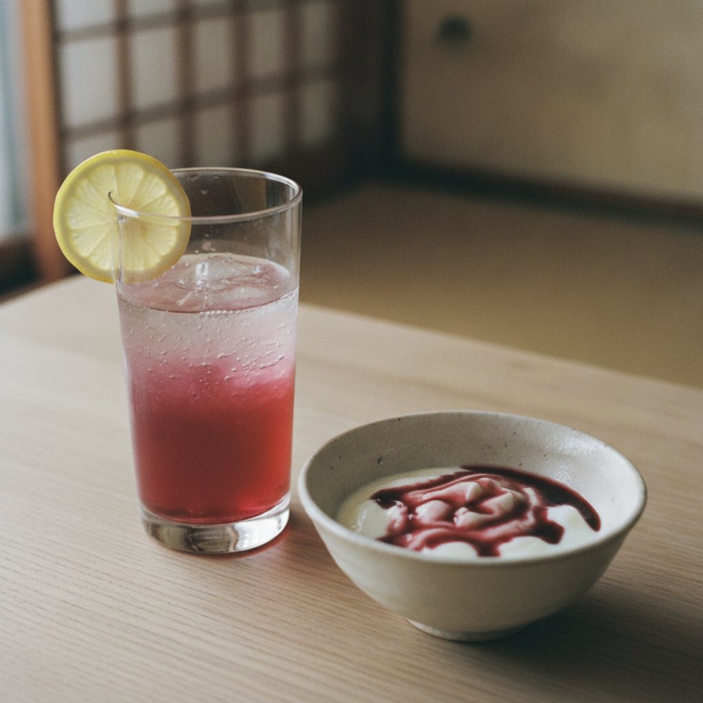 炭酸で割ったざくろジュースと、ヨーグルトにかけたざくろジュース