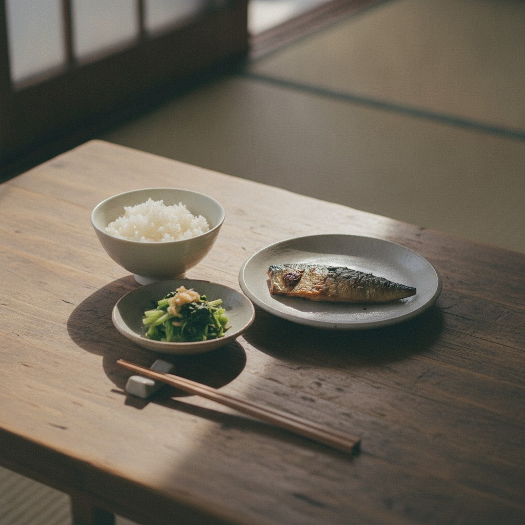 ごはんと焼き魚、青菜のおひたしを並べた、質素な食事